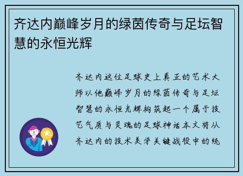 齐达内巅峰岁月的绿茵传奇与足坛智慧的永恒光辉