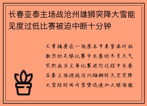 长春亚泰主场战沧州雄狮突降大雪能见度过低比赛被迫中断十分钟 长春亚泰主场战沧州雄狮突降大雪能见度过低比赛被迫中断十分钟